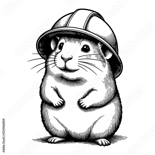 Hamster with Construction Helmet in Detailed Black and White Outline Line Art Drawing