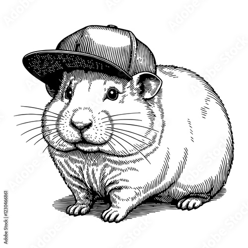 Hamster Wearing a Snapback Hat Detailed Black and White Outline Line Art Drawing Isolated