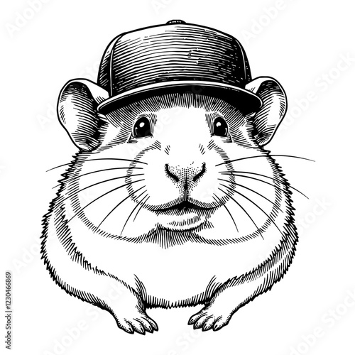 Hamster Wearing a Snapback Hat Detailed Black and White Outline Line Art Drawing