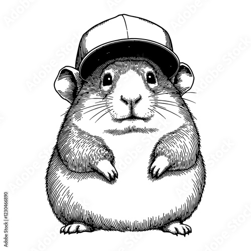 Hamster Wearing Snapback Hat Detailed Black and White Outline Line Art Drawing Isolated Object