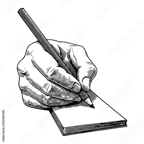 Hand Holding Pencil Writing on Paper in Black and White Outline Line Art Drawing