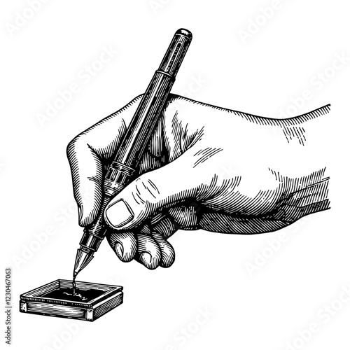 Hand Holding Vintage Fountain Pen Writing with Ink Well Black and White Outline Line Art Drawing