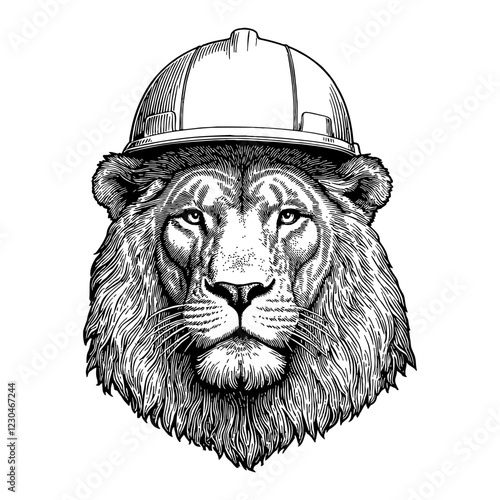 Lion Wearing Construction Helmet in Detailed Black and White Outline Line Art Drawing