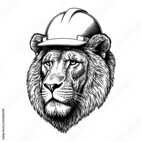 Lion Head with Construction Helmet Detailed Black and White Outline Line Art Drawing