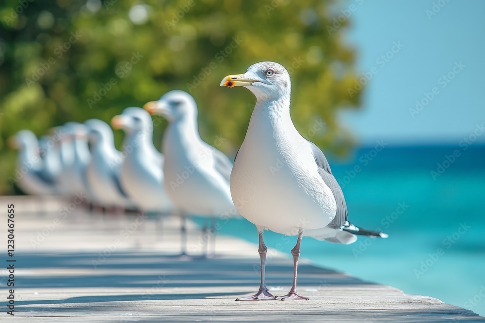Obraz premium Seagulls lined up on a dock overlooking a calm ocean on a sunny day