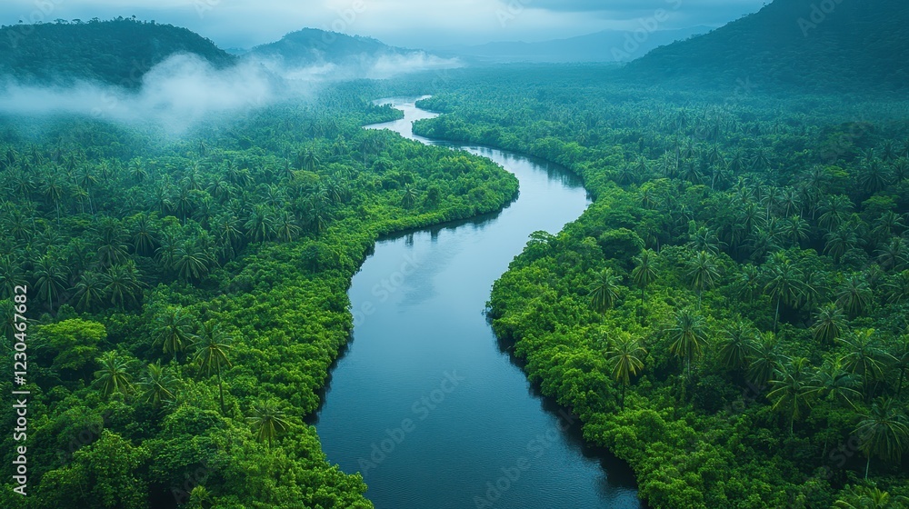 A tropical rainforest with a river winding through it. A tropical rainforest with a river winding through it.