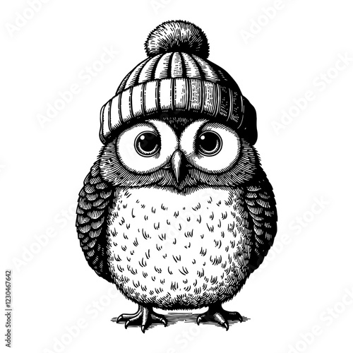 Cute Owl Wearing Beanie Hat Standing Front View Black and White Outline Line Art Drawing