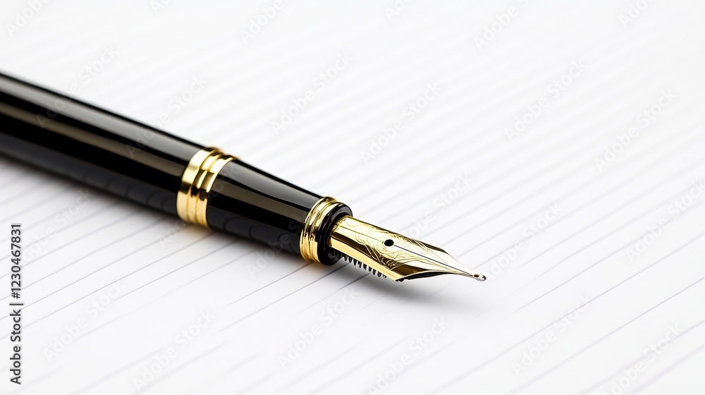 Elegant fountain pen resting on lined paper, symbolizing creativity and writing in a calm workspace Elegant fountain pen resting on lined paper, symbolizing creativity and writing in a calm workspace