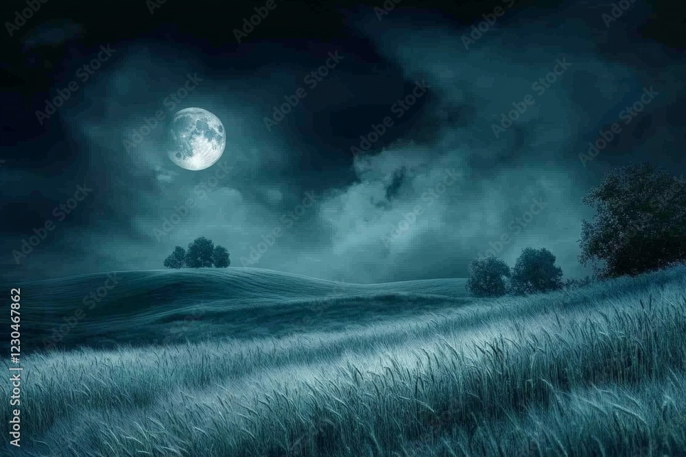 Moonlit hills set under a cloudy night sky create a tranquil atmosphere in the countryside Moonlit hills set under a cloudy night sky create a tranquil atmosphere in the countryside