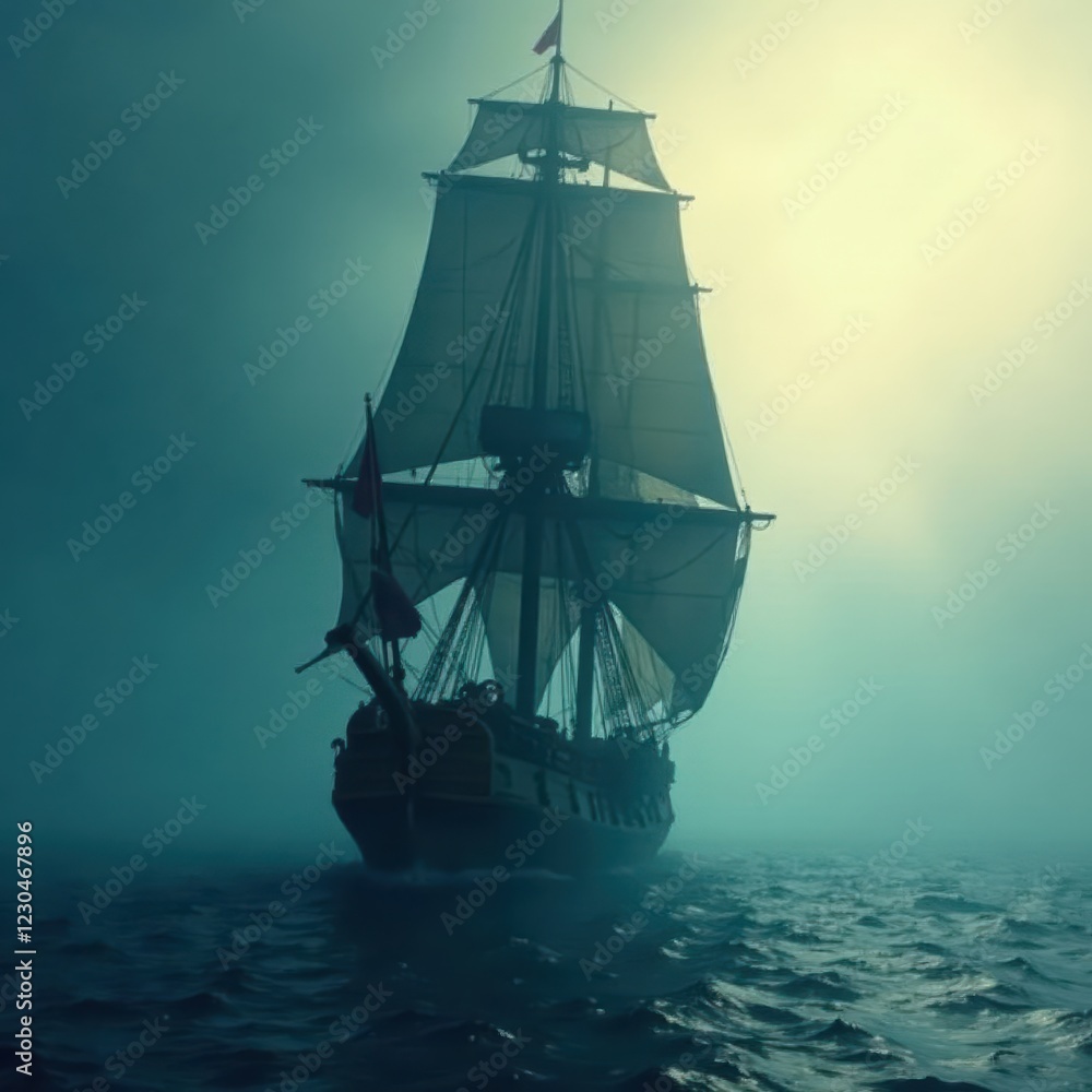 Ancient frigate sails into dense fog, masts silhouetted , adventure, wood Ancient frigate sails into dense fog, masts silhouetted , adventure, wood