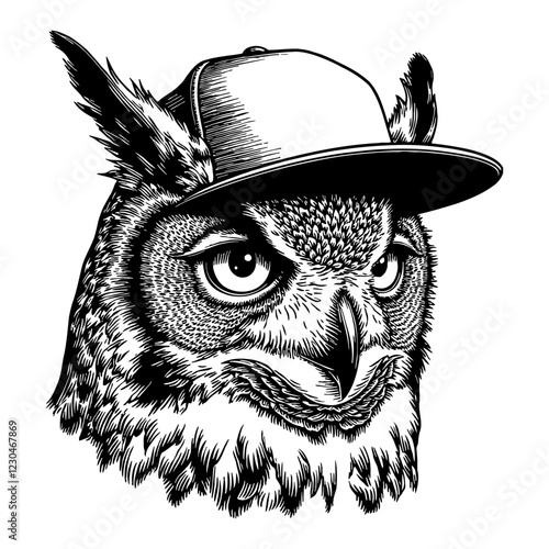 Cool Owl Wearing Snapback Hat Detailed Black and White Outline Line Art Drawing