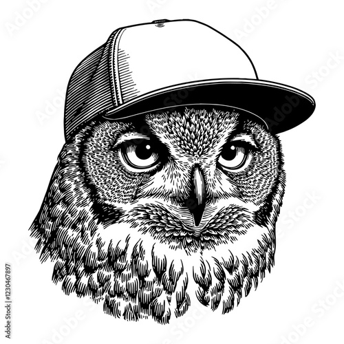 Owl Wearing Snapback Hat Detailed Black and White Outline Line Art Drawing with Vintage Style