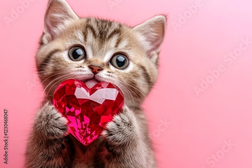 Cute exotic shorthair young cat with diamond red heart - sign of love, funny greeting card. Ad campaign conceptual art. Exotic shorthair - my preferred cat. Valentine's day friendship. photo