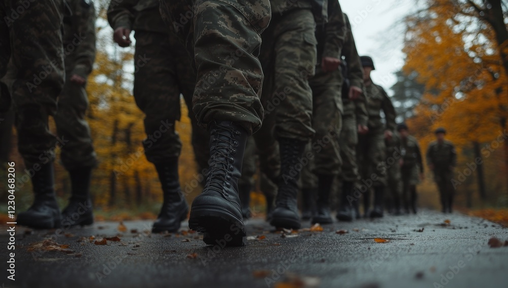 Autumnal Military March: Soldiers in Uniform Walking Through a Forest Path Autumnal Military March: Soldiers in Uniform Walking Through a Forest Path
