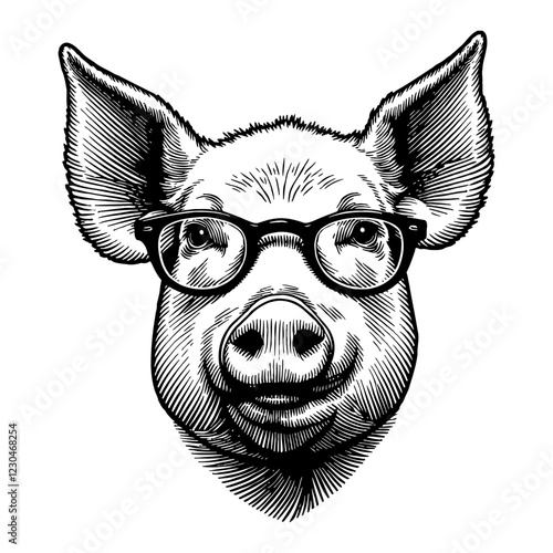 Portrait of Pig Wearing Eyeglasses Detailed Black and White Outline Line Art Drawing