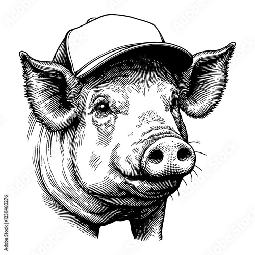 Pig Wearing Snapback Hat in Detailed Black and White Outline Line Art Drawing of Animal