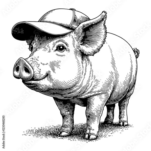 Pig Wearing Snapback Hat Front View in Black and White Outline Line Art Drawing Style