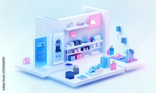 Isometric view of a modern retail store interior with various products and shopping bags displayed.
