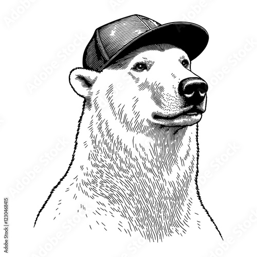 Polar Bear Wearing Snapback Hat in Black and White Detailed Outline Line Art Drawing