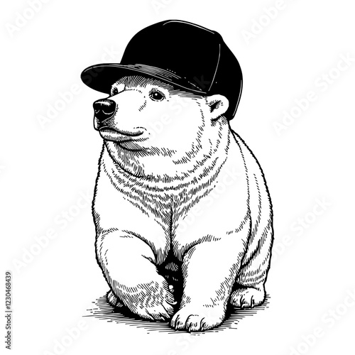 Cool Polar Bear with Snapback Hat in Black and White Outline Line Art Drawing Style