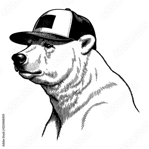 Polar Bear Wearing Snapback Hat Profile View Black and White Outline Line Art Drawing