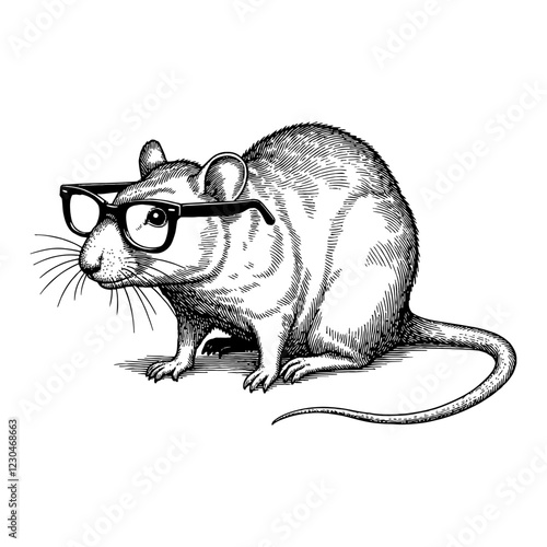 Rat with Glasses in Detailed Side View Black and White Outline Line Art Drawing