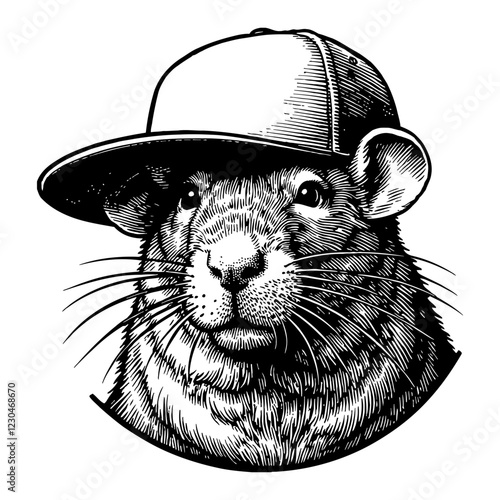 Rat Wearing a Snapback Hat Detailed Black and White Outline Line Art Drawing