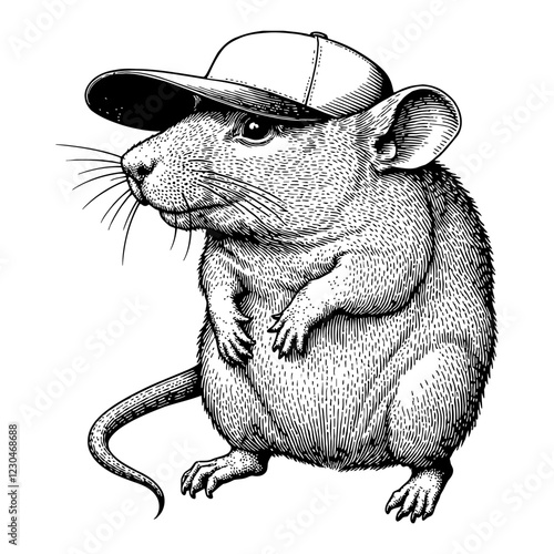 Rat Wearing Snapback Hat Detailed Black and White Outline Line Art Drawing With Isolated Object