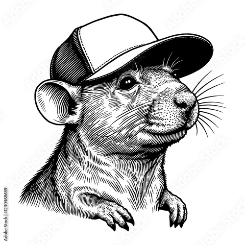 Cute Rat with Snapback Hat Portrait Detailed Black and White Outline Line Art Drawing