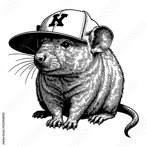 Rat with Snapback Hat in Detailed Black and White Outline Line Art Drawing