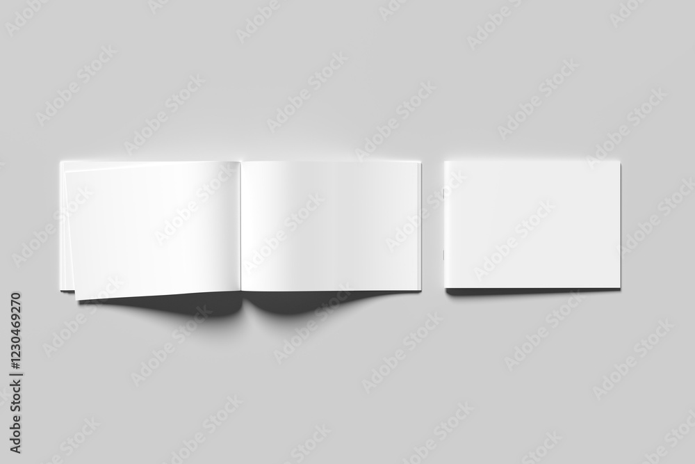 A4 Landscape Horizontal Magazine Brochure 3D Rendering White Blank Mockup. 3D Illustration A4 Landscape Horizontal Magazine Brochure 3D Rendering White Blank Mockup. 3D Illustration
