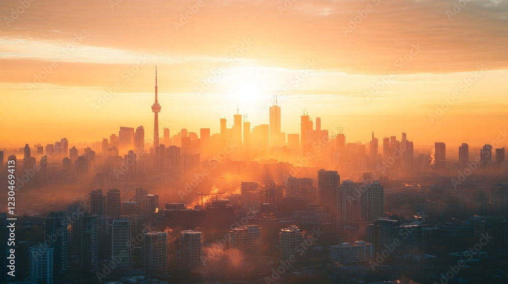Fototapeta premium Panorama aerial view in the cityscape skyline with smart services and icons, internet of things, networks and augmented reality concept , early morning sunrise scene .