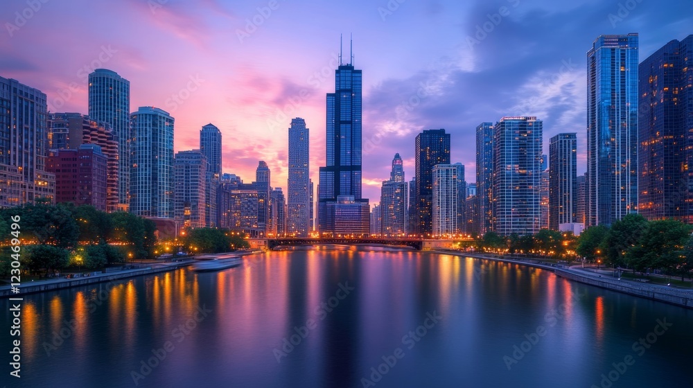 Photo of city skyline with modern skyscrapers and digital interface overlay, illuminated at dusk, concept of technology and AI integration in urban environments Photo of city skyline with modern skyscrapers and digital interface overlay, illuminated at dusk, concept of technology and AI integration in urban environments