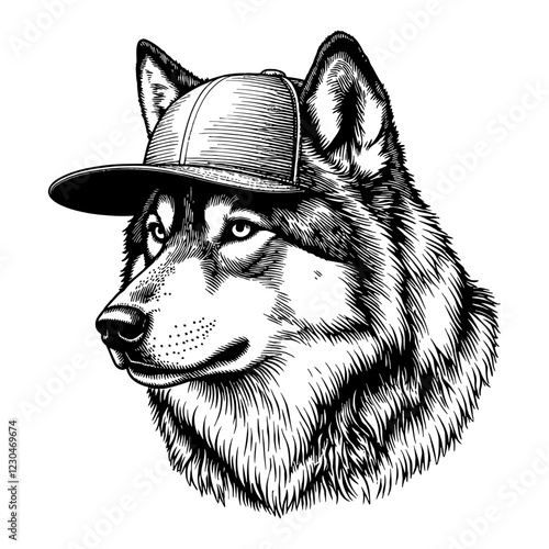 Detailed Wolf Head Wearing Snapback Hat Black and White Outline Line Art Drawing