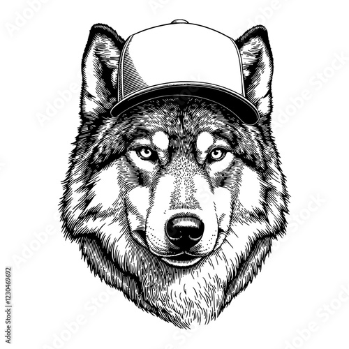 Wolf Wearing Snapback Hat Detailed Black and White Outline Line Art Drawing Isolated on White