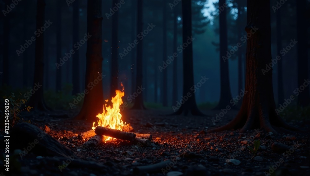 Flickering campfire glow on a dark forest background, forest, woods, night Flickering campfire glow on a dark forest background, forest, woods, night