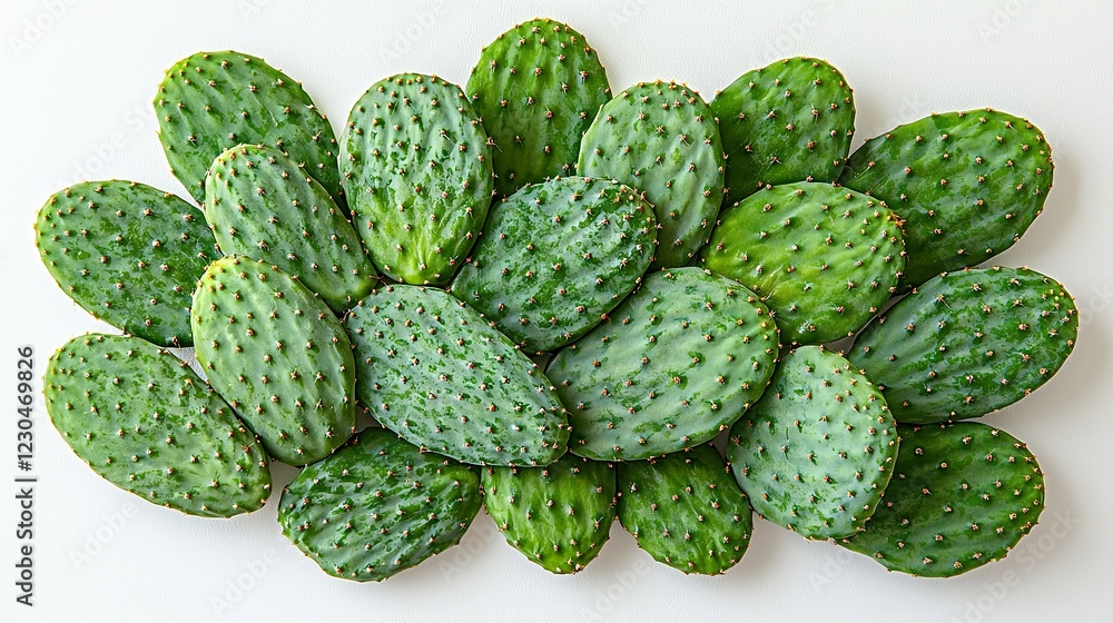 Nopales cactus paddles arranged on clean white background, vibrant green Nopales cactus paddles arranged on clean white background, vibrant green