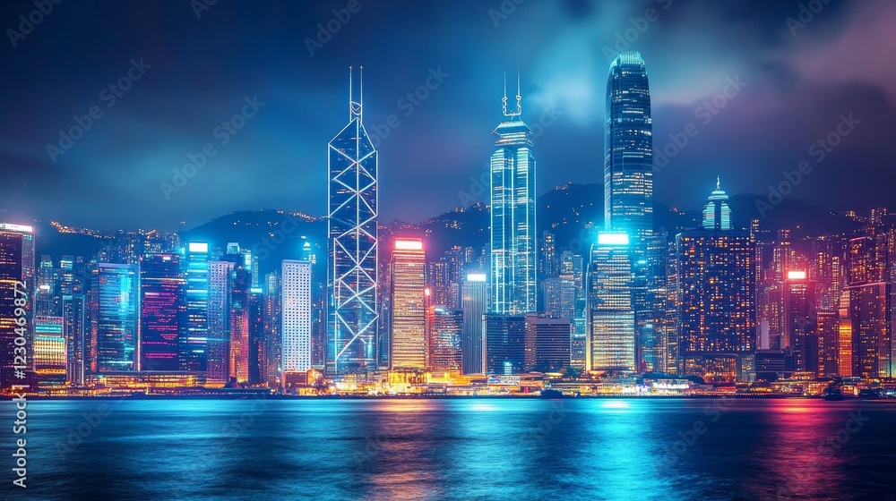 Fototapeta premium Financial graph on night city scape with tall buildings background double exposure. Analysis concept.