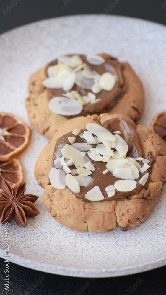 Round cookies with nuts and chocolate butter on a dark concrete background Round cookies with nuts and chocolate butter on a dark concrete background