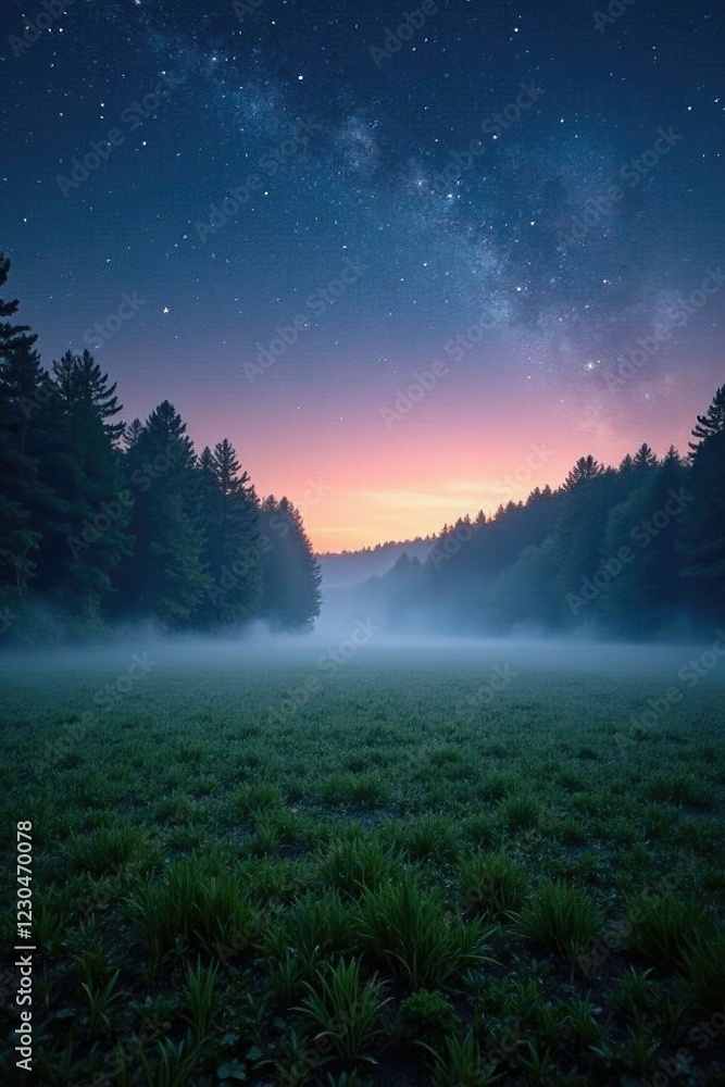 Fototapeta premium Fog rolls across a forest field under starry sky, peaceful, forest, stars