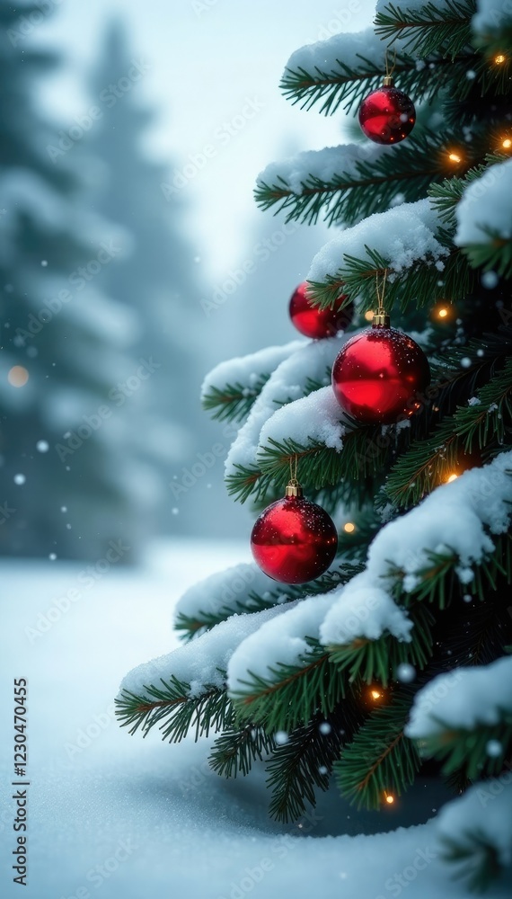 Freshly fallen snow on a winter forest background with Christmas tree and red balls hanging from the branches, winter wonderland, evergreen tree Freshly fallen snow on a winter forest background with Christmas tree and red balls hanging from the branches, winter wonderland, evergreen tree