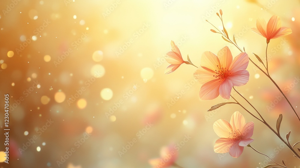 Soft pink flowers bloom in a warm golden background with gentle bokeh effects creating a serene and enchanting atmosphere
