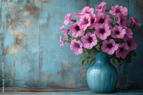 Wallpaper Mural Pink Petunias in a Teal Vase Against a Rustic Background Torontodigital.ca