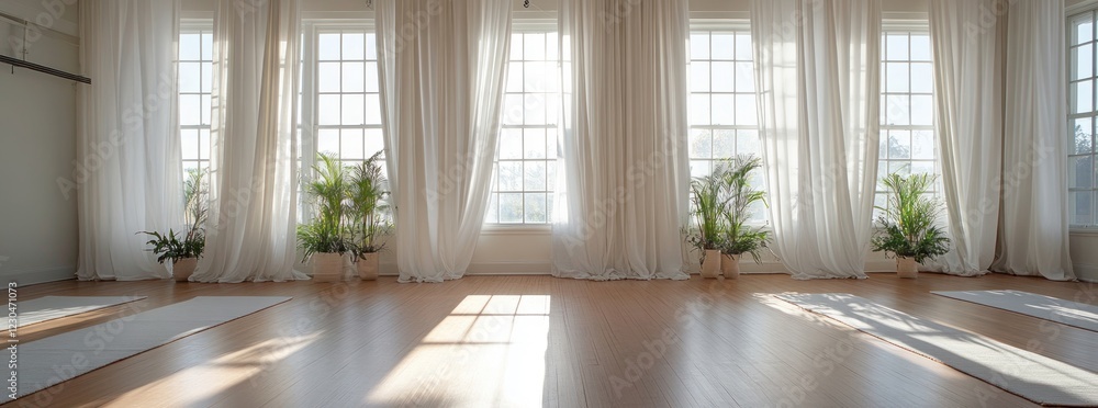Fototapeta premium Serene Yoga Studio with Sunlight Streaming Through Sheer Curtains