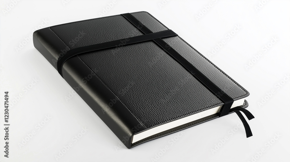 Elegant black leather notebook with elastic band, closed and placed on white background, stylish journal for writing, business notes, planning, sketching, and creativity Elegant black leather notebook with elastic band, closed and placed on white background, stylish journal for writing, business notes, planning, sketching, and creativity