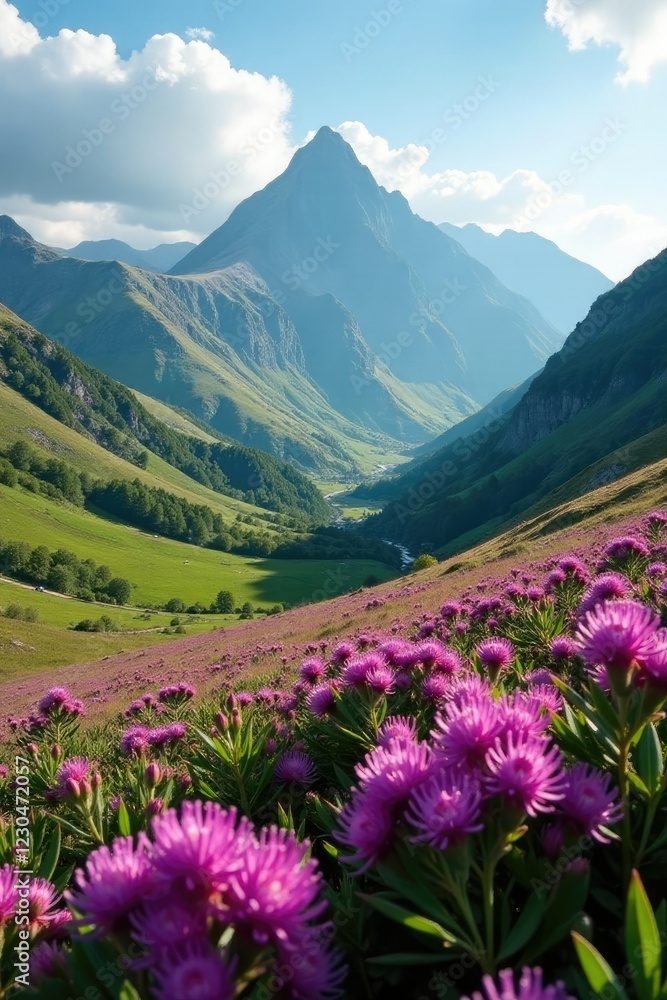 Majestic mountains in the background with purple heather blooming, mountains, glencoe, landscape Majestic mountains in the background with purple heather blooming, mountains, glencoe, landscape