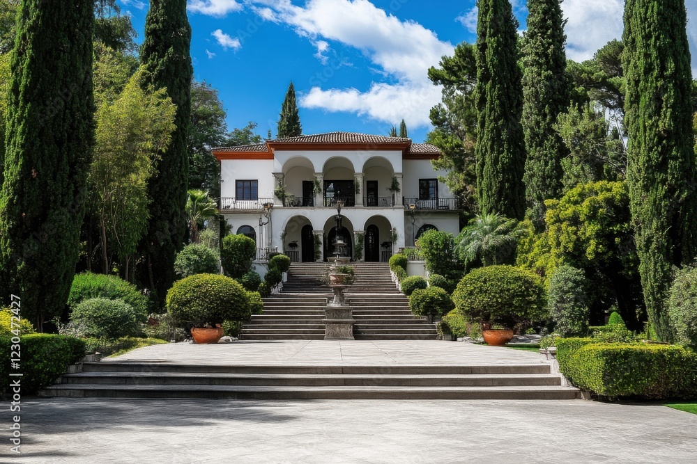 Historic villa surrounded by lush greenery under a bright blue sky with a few fluffy clouds showcasing beautiful architecture and landscaping in the afternoon light Historic villa surrounded by lush greenery under a bright blue sky with a few fluffy clouds showcasing beautiful architecture and landscaping in the afternoon light