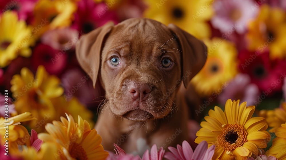 Adorable Brown Puppy Amidst Vibrant Blossoms Adorable Brown Puppy Amidst Vibrant Blossoms