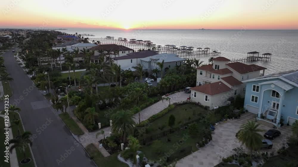 Aerial flight along luxury colored villas with private dock jetty during golden sunset at horizon. Palm trees in well kept and neat front yard at dusk. Apollo beach, Tampa, Florida. Wide shot. Aerial flight along luxury colored villas with private dock jetty during golden sunset at horizon. Palm trees in well kept and neat front yard at dusk. Apollo beach, Tampa, Florida. Wide shot.