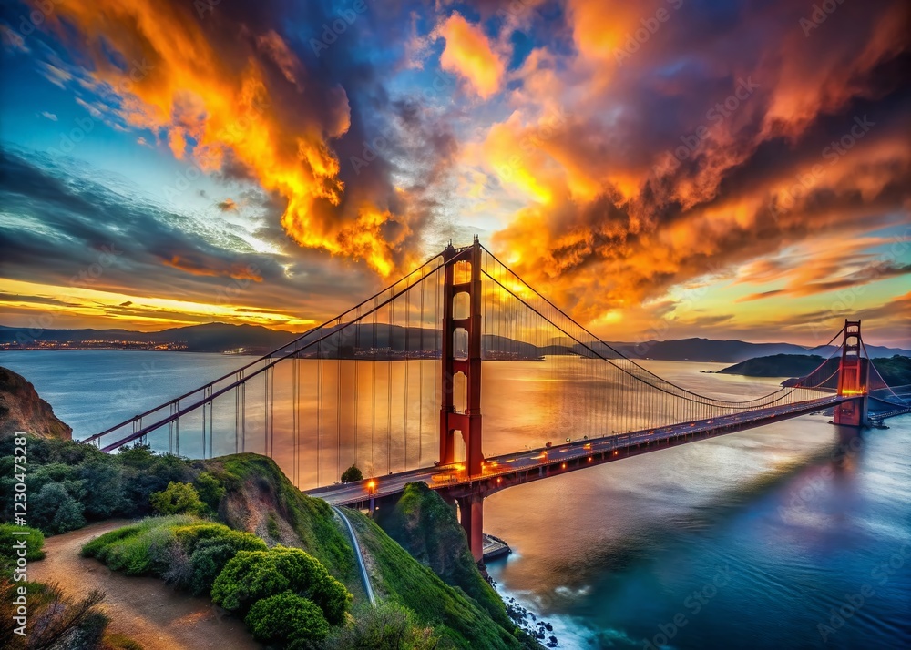 Obraz premium Surreal Golden Gate Bridge Panorama: Dreamlike Sunset over San Francisco Bay